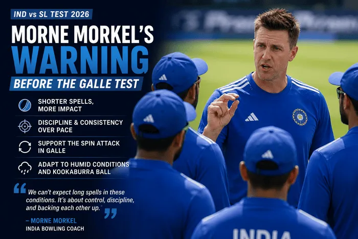 India bowling coach Morne Morkel addresses Indian fast bowlers during a training session before the Galle Test against Sri Lanka.