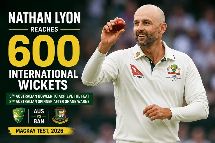 Nathan Lyon celebrates after reaching 600 international wickets against Bangladesh in the Mackay Test