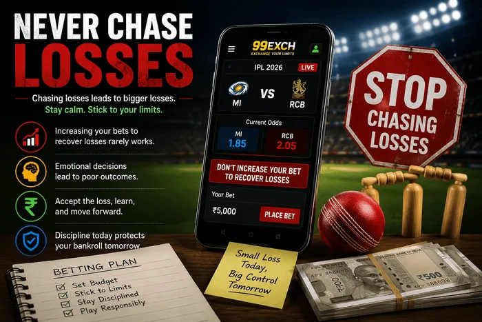 Never chase IPL betting losses infographic showing responsible betting limits and bankroll control by 99ExCh
