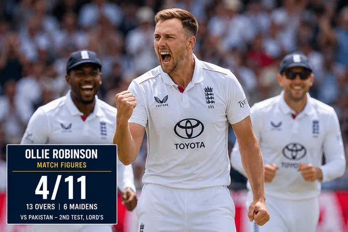 Ollie Robinson celebrates after taking four wickets against Pakistan at Lord’s