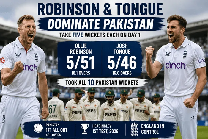 Ollie Robinson and Josh Tongue celebrate five-wicket hauls as England bowl Pakistan out for 171 at Headingley