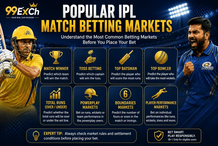 Popular IPL match betting markets including match winner, top batsman, top bowler and total runs