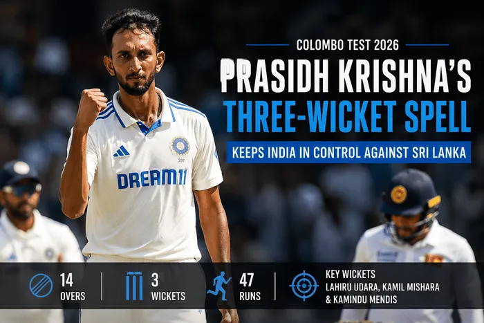 Prasidh Krishna celebrates his three-wicket spell against Sri Lanka in the Colombo Test