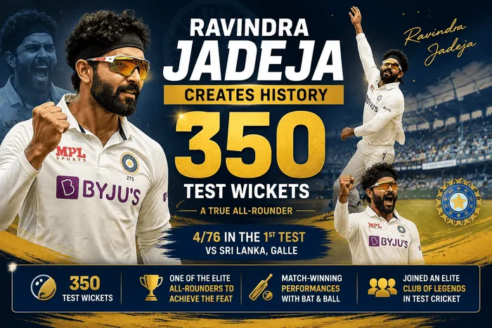 Ravindra Jadeja celebrates reaching 350 Test wickets for India against Sri Lanka in Galle