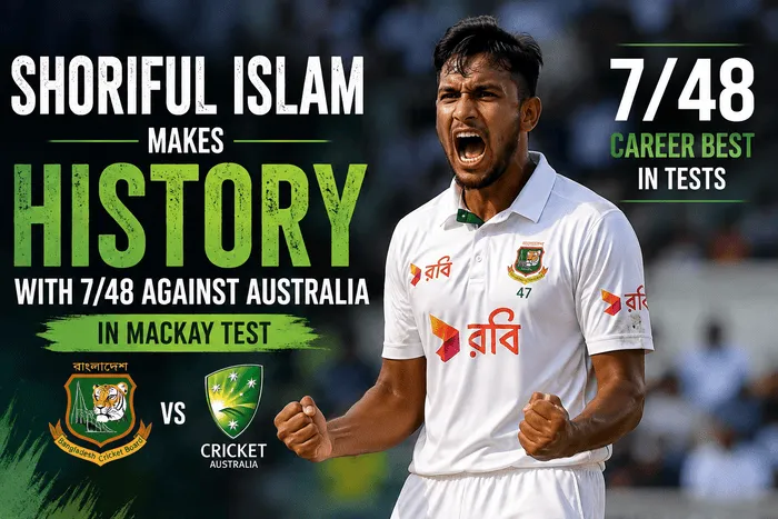 Shoriful Islam celebrates his historic 7/48 against Australia in the Mackay Test