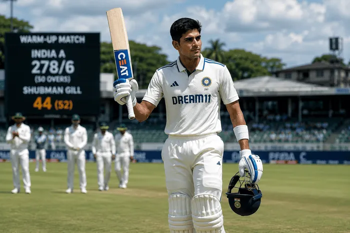 Shubman Gill returns in the warm-up match and raises his bat after scoring 44 before the Galle Test against Sri Lanka in 2026
