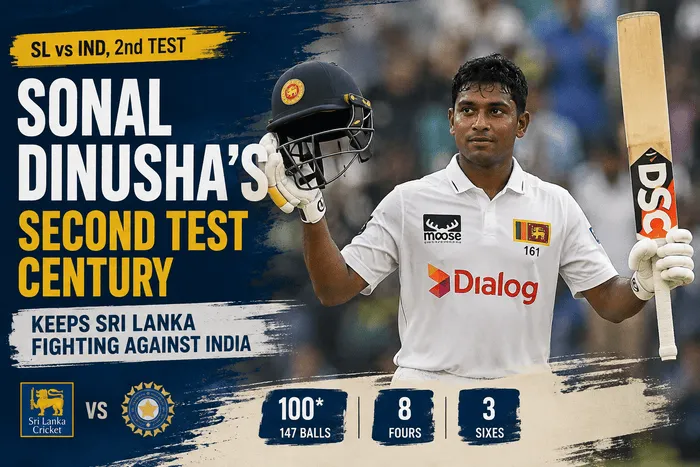 Sonal Dinusha celebrates his second Test century against India in Colombo