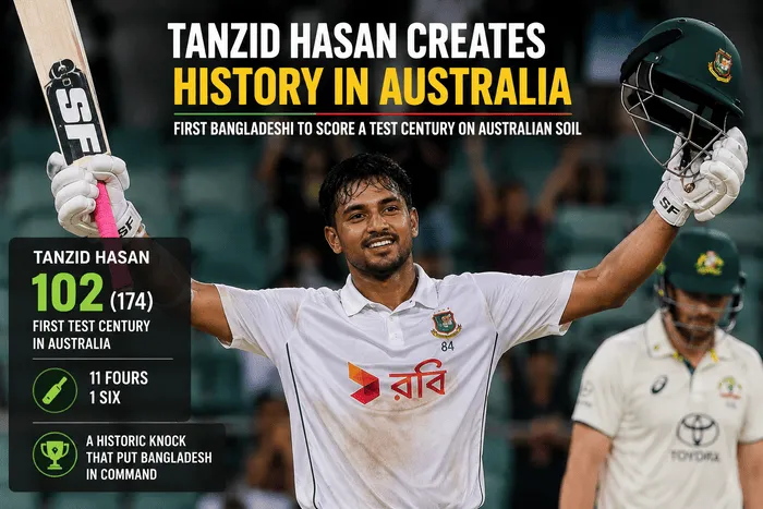 Bangladesh opener Tanzid Hasan celebrates his historic Test century against Australia during the first Test in Darwin in 2026.