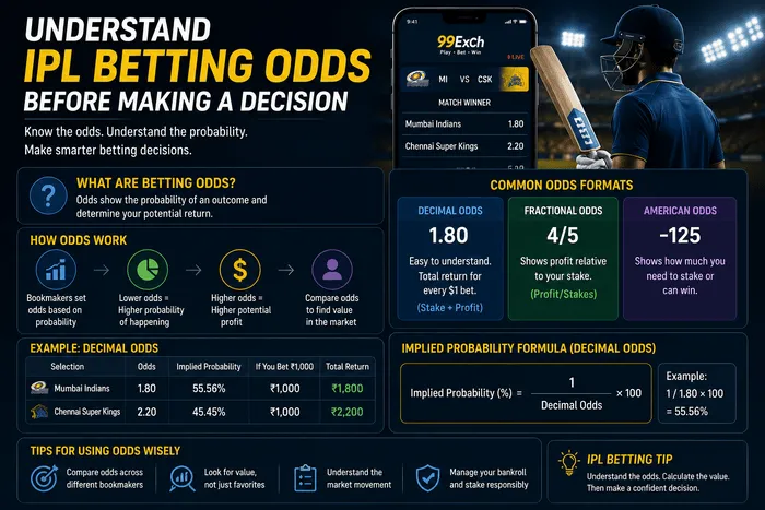 IPL betting odds explained with decimal odds, implied probability and match betting examples