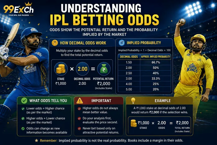 Understanding IPL betting odds with decimal odds, implied probability and potential return examples