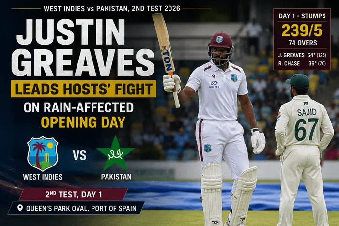 Justin Greaves leads West Indies against Pakistan on Day 1 of the 2nd Test 2026