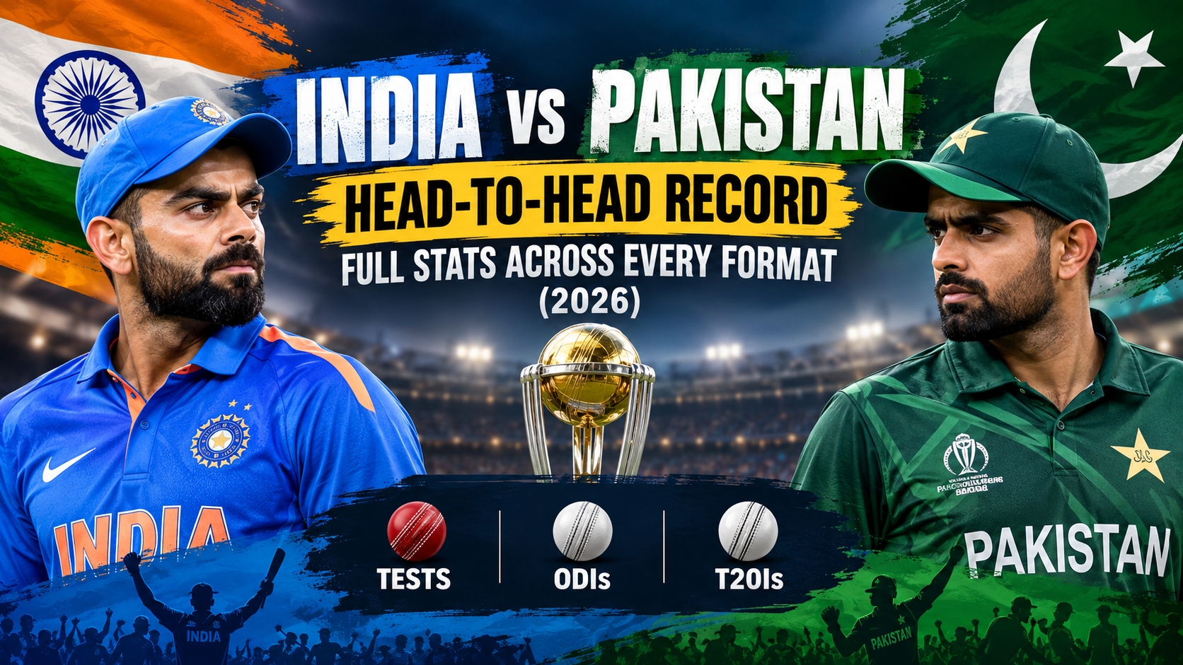 India vs Pakistan head-to-head record 2026 featuring Test, ODI and T20I cricket statistics