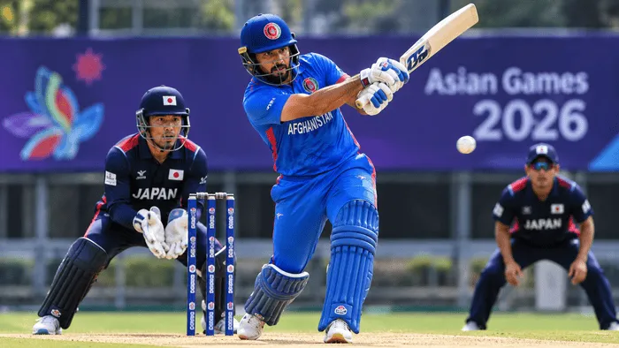 Afghanistan batsman plays a shot against Japan in the Asian Games 2026 cricket match