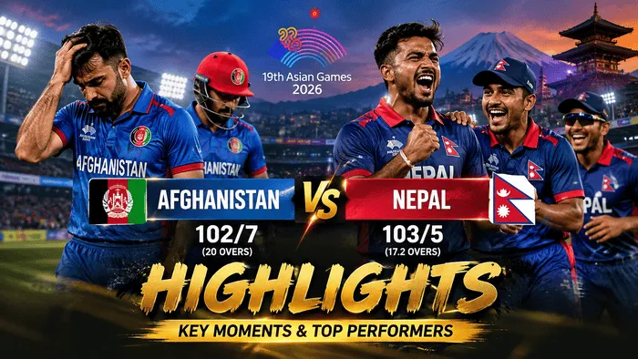 Afghanistan vs Nepal highlights showing key moments and top performers from the Asian Games 2026 cricket match