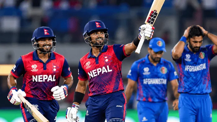Nepal batsmen celebrate after chasing 103 runs against Afghanistan in the Asian Games 2026