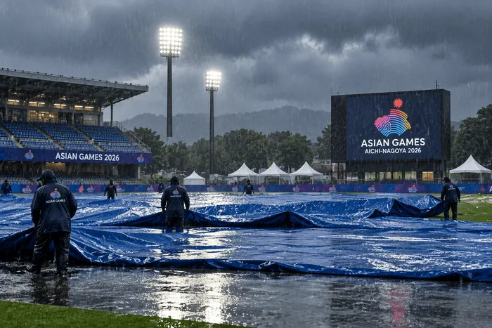 Rain covers the cricket ground as the India vs Afghanistan Asian Games 2026 quarter-final is abandoned