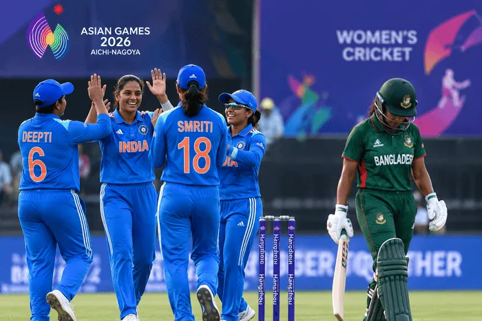 India Women celebrate after bowling out Bangladesh in the Asian Games 2026 semifinal