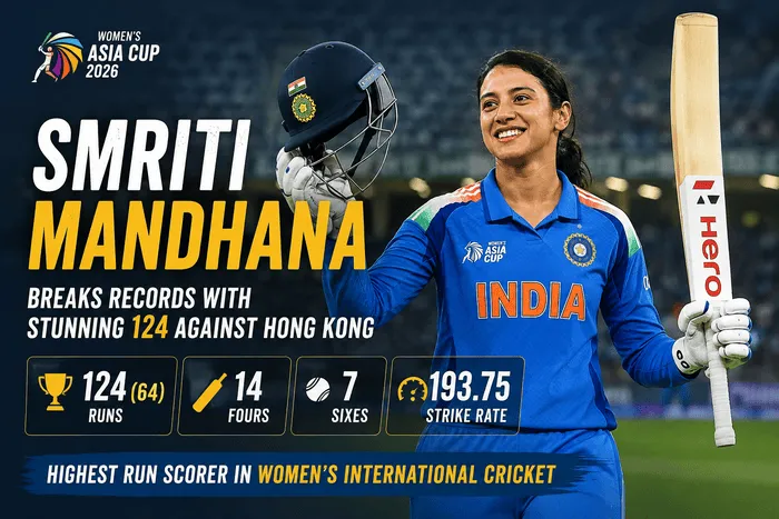 Smriti Mandhana 124 celebrates her record-breaking 124 against Hong Kong in Women's Asia Cup 2026