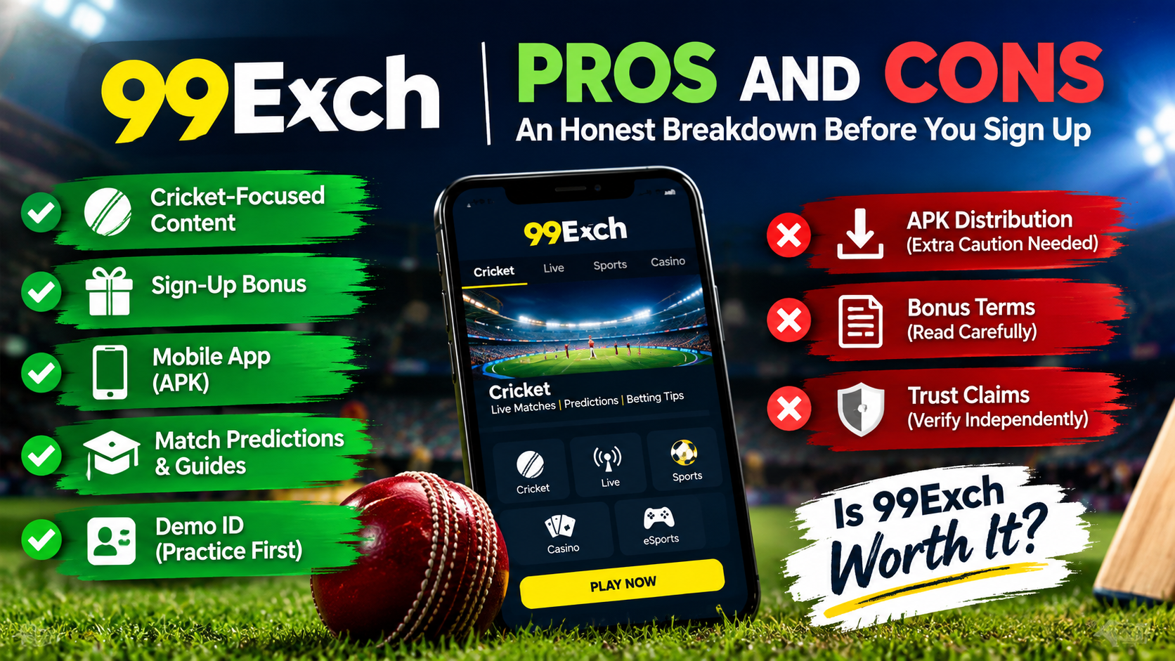 99Exch pros and cons honest breakdown showing cricket-focused features, mobile app, demo ID, bonus terms, and trust considerations