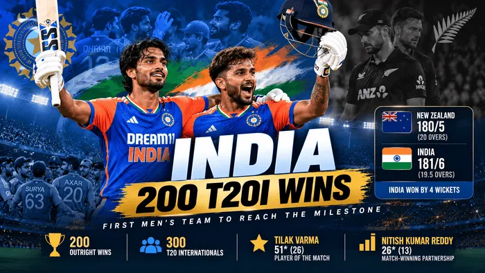 India 200 T20I Wins: India becomes the first men's team to record 200 outright T20I wins after beating New Zealand in 2026.