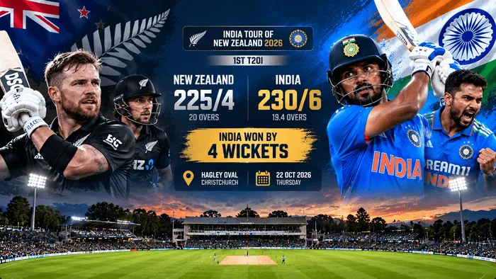India Beat New Zealand by 4 Wickets – 1st T20I 2026 at Hagley Oval, Christchurch, on 22 October 2026.