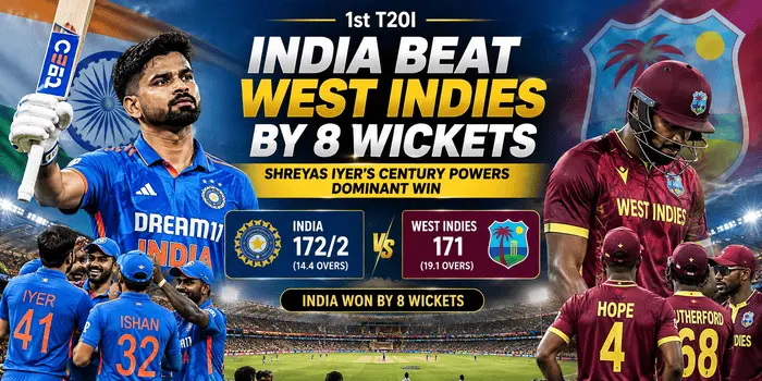 India beat West Indies by 8 wickets as Shreyas Iyer scored an unbeaten 102 in the 1st T20I