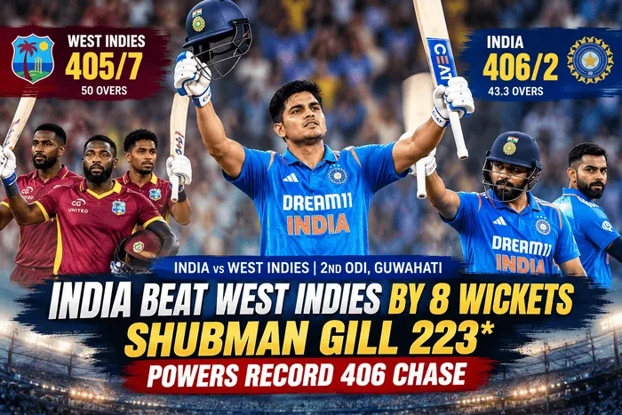 Shubman Gill celebrates his unbeaten 223 as India beat West Indies by 8 wickets