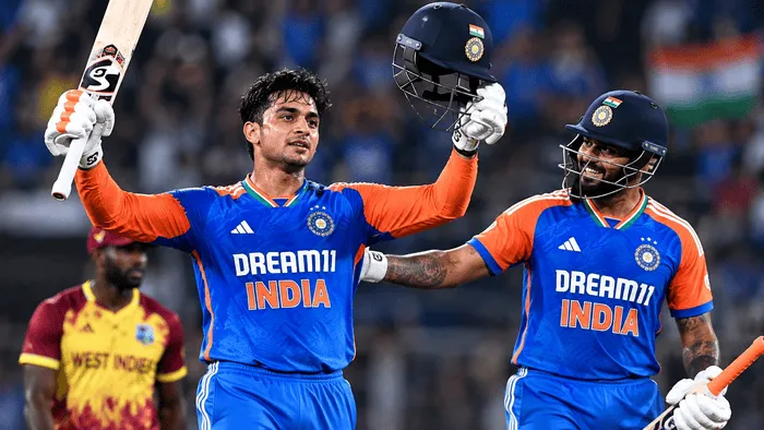 Illustrative image of Indian batters celebrating during the innings against West Indies in the third T20I
