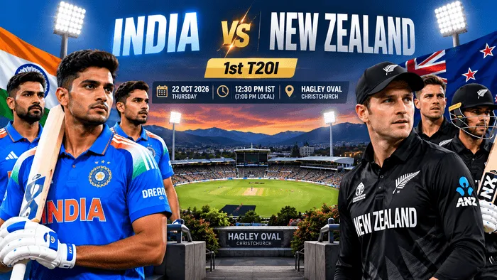 India vs New Zealand 1st T20I Match Prediction 2026 preview graphic featuring both teams at Hagley Oval, Christchurch.