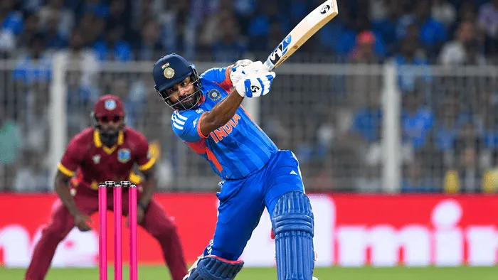 India batsman playing an attacking shot during the India vs West Indies 2nd T20I in 2026