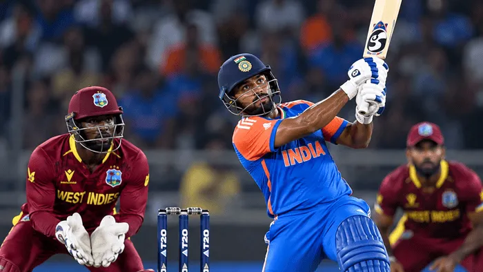 Indian batter plays an attacking shot against West Indies during the second T20I in Ranchi