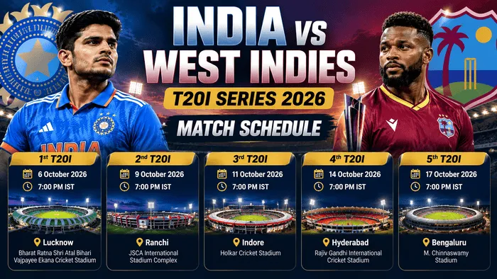 India vs West Indies T20I Series 2026 match schedule with dates and venues