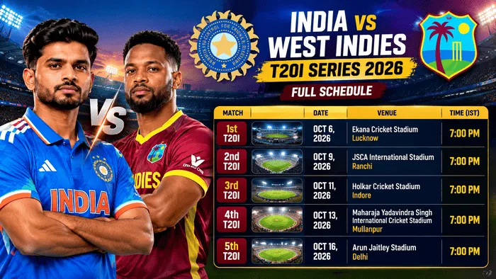 India vs West Indies T20I Series 2026 schedule with dates, venues and match times