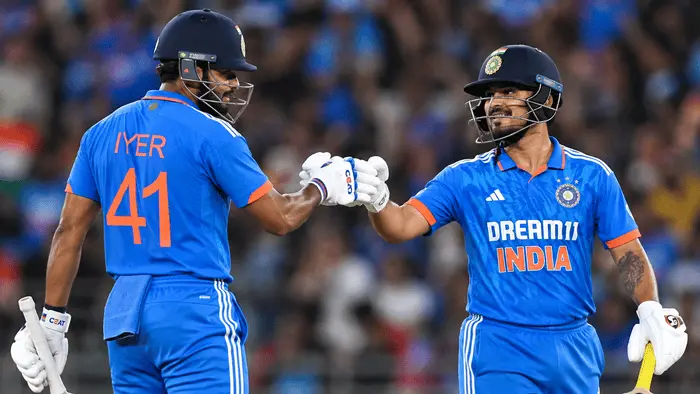 Shreyas Iyer and Ishan Kishan celebrate their match-winning partnership against West Indies in the 1st T20I