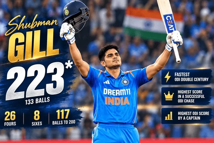 Shubman Gill celebrates his unbeaten 223 after scoring the fastest ODI double century