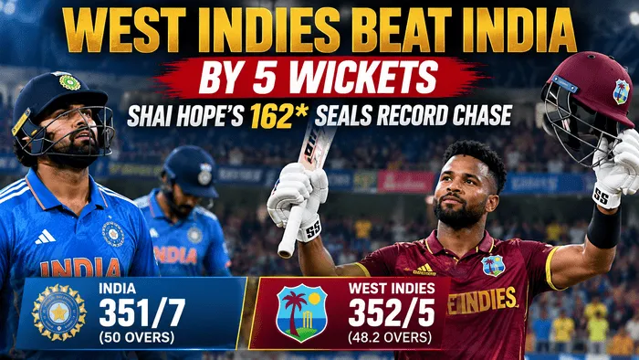 Shai Hope celebrates his unbeaten 162 as West Indies beat India by 5 wickets